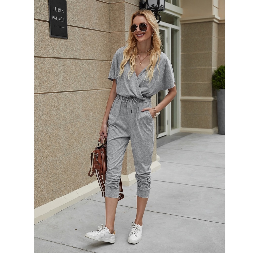 Surplice Top Drawstring Waist Grey Jumpsuit - Picture 2 of 12